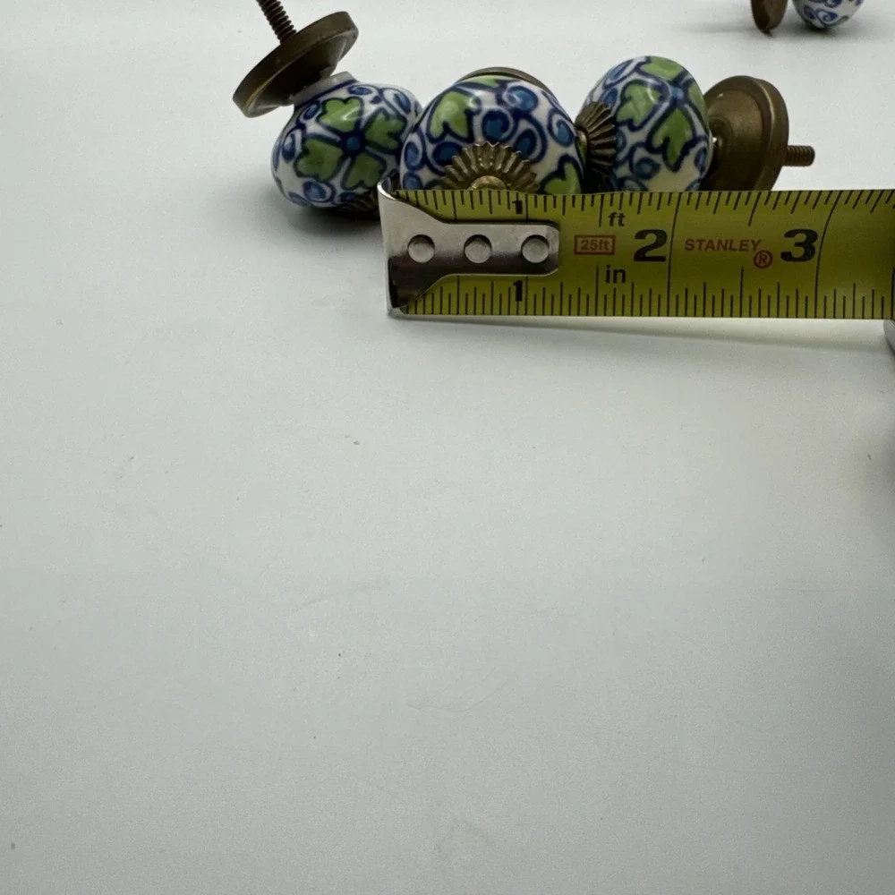 Vintage‎ Painted Porcelain And Brass Door Drawer Cabinet Knobs Pulls Hardware